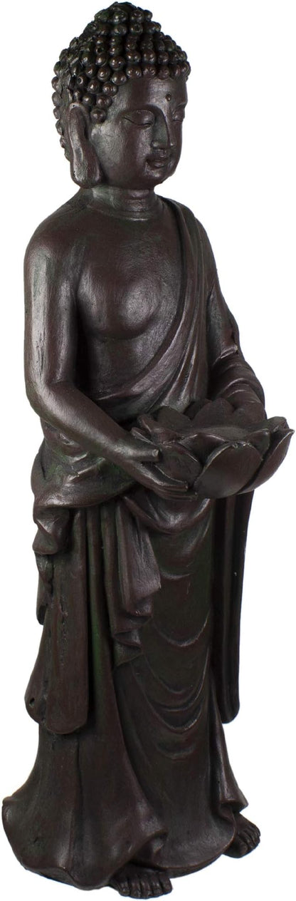 19.5" Gray Standing Buddha with Lotus Outdoor Garden Statue