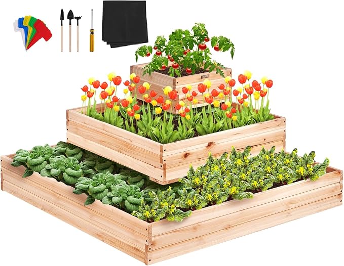 VEVOR 3 Tier Raised Garden Bed Wood Outdoor, 45 x 45 x 20in High End Natural Fir Wood Planter Box, Outdoor Planting Boxes for Flowers/Vegetables/Herbs in Backyard/Garden/Patio/Balcony, with Open Base