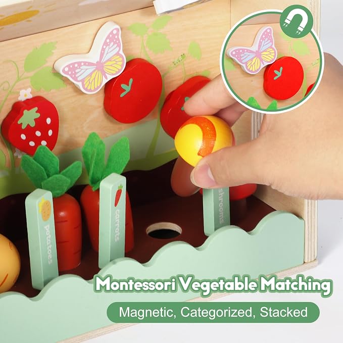 SIMPLIPLAY Montessori Wooden Garden Toys, Vegetable Matching Toy, Toy Food | 45pcs Wooden Dollhouse Kit, Educational Farm Pretend Play & Play Food Sorting for Toddler Kids Boys Girls Birthday Christmas