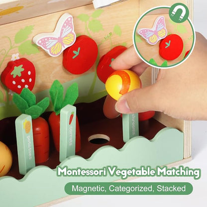 SIMPLIPLAY Montessori Wooden Garden Toys, Vegetable Matching Toy, Toy Food | 45pcs Wooden Dollhouse Kit, Educational Farm Pretend Play & Play Food Sorting for Toddler Kids Boys Girls Birthday Christmas