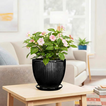 8 Inch Plant Pot, Ceramic Planter with Drainage Hole and Saucer, Modern Planters for Indoor Plants, Indoor Planter, Decorative Round Flower Pot, Apartment Decor, Plant Lover Gifts, Black