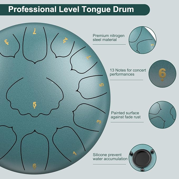 D Major Steel Tongue Drum Handpan, 12 Inch 13 Note Rain Drum for Garden Outside, Meditation Rain Chime, Musical Percussion Instrument for Adult Gift with Bag, Music Book, Drum Mallets (Moss Blue)