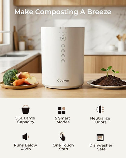 OK-255 Electric Composter for Kitchen, 5.5L Large Smart Countertop Compost Bin, Odorless, Quiet, Easy Clean, Turn Food Waste into Fertilizer, 2026 New Indoor Food Waste Compost Machine, White