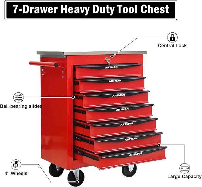 7-Drawer Rolling Tool Chest, Lockable Stainless Worktop for Garage, Red | Heavy Duty Metal Tool Cabinet with Drawers on Wheels for Warehouse and Workshop Storage