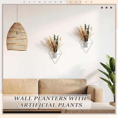 Jexine 8 Pcs Hanging Planters with Artificial Pampas Metal Hanging Vase Indoor Plants Holder Modern Geometric Boho Bathroom Wall Decor for Living Room Home Office(Chrome Silver)