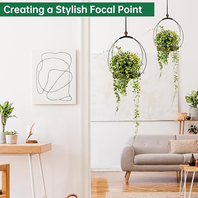 hismocal Hanging Planter for Indoor Plants,Plant Hanger with Sturdy Wood Base & Pot, Modern Boho Macrame Plant Hanger,Wall Ceiling Window Stands(2 Pack+Pots)