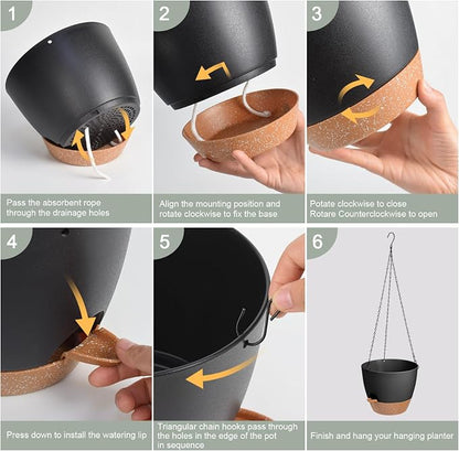Vanslogreen Hanging Planters for Indoor Outdoor Plants, 1 Set Self Watering Hanging Pot with Drainage Holes & Removable Tray, Black, 12 Inch
