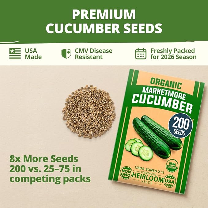 HOME GROWN Organic Marketmore Cucumber Seeds 200+ Heirloom Non-GMO Seeds for Planting, High Germination, Hardy & Vigorous Slicing Cucumber, Trellis & Raised Bed Garden (Cucumis sativus)