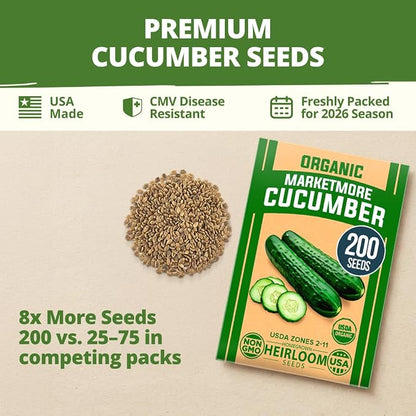 HOME GROWN Organic Marketmore Cucumber Seeds 200+ Heirloom Non-GMO Seeds for Planting, High Germination, Hardy & Vigorous Slicing Cucumber, Trellis & Raised Bed Garden (Cucumis sativus)