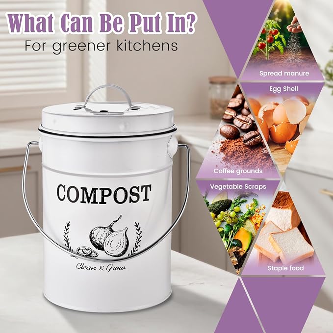 AOSION 1 Gallon Countertop Compost Bin for Kitchen with Lid,Odor Resistant | Farmhouse compost bin with charcoal filter,inner bucket and bags,easy kitchen food waste storage