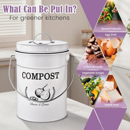 AOSION 1 Gallon Countertop Compost Bin for Kitchen with Lid,Odor Resistant | Farmhouse compost bin with charcoal filter,inner bucket and bags,easy kitchen food waste storage
