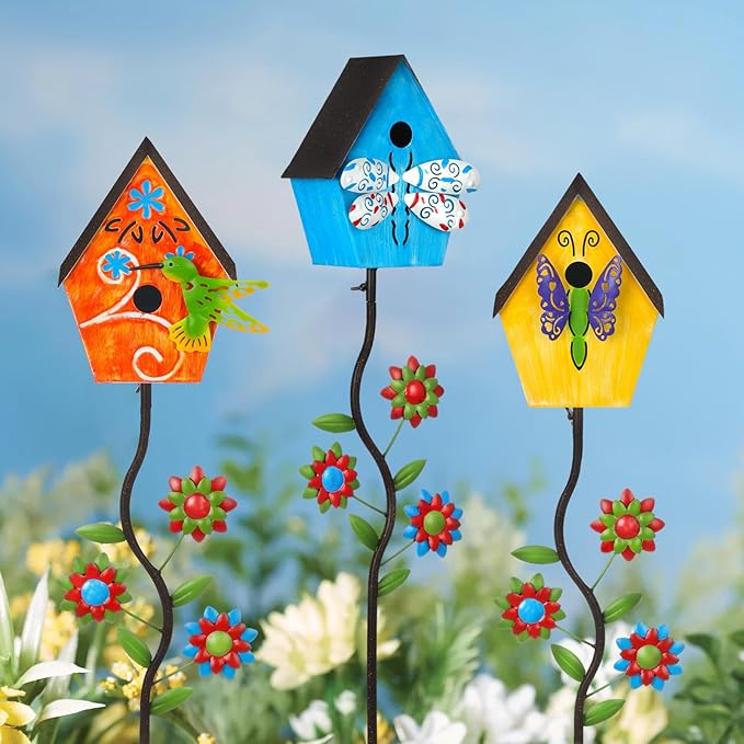 51” Metal Bird Houses Stake for Outside Hummingbird Design | Metal Wild Birdhouse, 5 Pronged Garden Stake Pole, Outdoor Decorations for Patio, Backyard, Garden