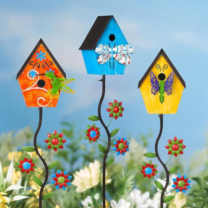 51” Metal Bird Houses Stake for Outside Hummingbird Design | Metal Wild Birdhouse, 5 Pronged Garden Stake Pole, Outdoor Decorations for Patio, Backyard, Garden