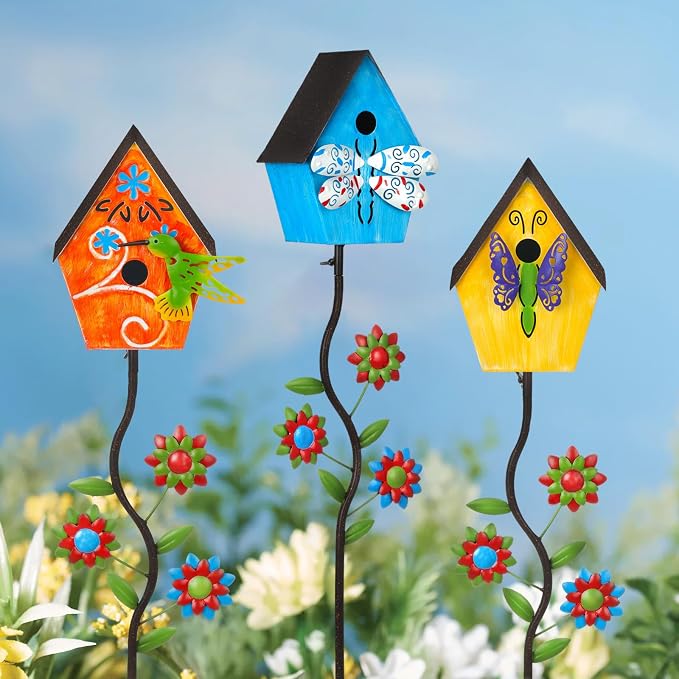 51” Metal Bird Houses Stake for Outside Butterfly Design | Metal Wild Birdhouse, 5 Pronged Garden Stake Pole, Outdoor Decorations for Patio, Backyard, Garden