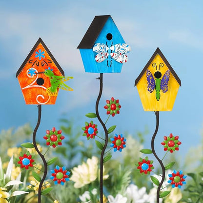 51” Metal Bird Houses Stake for Outside Butterfly Design | Metal Wild Birdhouse, 5 Pronged Garden Stake Pole, Outdoor Decorations for Patio, Backyard, Garden