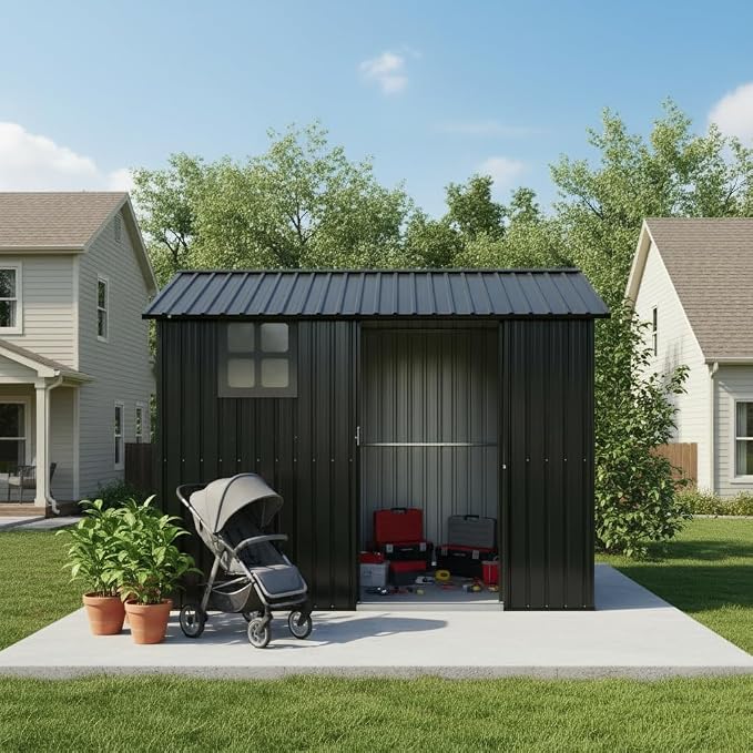 8x6 FT Outdoor Storage Shed,Galvanized Steel Heavy Duty Metal Tool Shed with Window & Vents,Sliding Door,Weatherproof Utility Shed for Backyard Patio Lawn,Black