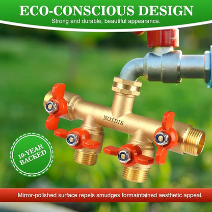 4 Way Brass Hose Splitter Full Flow with Metal Handle - Heavy Duty Spigot Splitter with Shut Off Valve, 3/4" GHT Garden Tap Connector