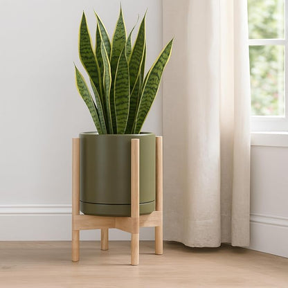 D'vine Dev Ceramic Planter with Natural Stand - 10 Inch Modern Round Flower Pot with Wood Planter Holder, Olive, 55-B-K-J