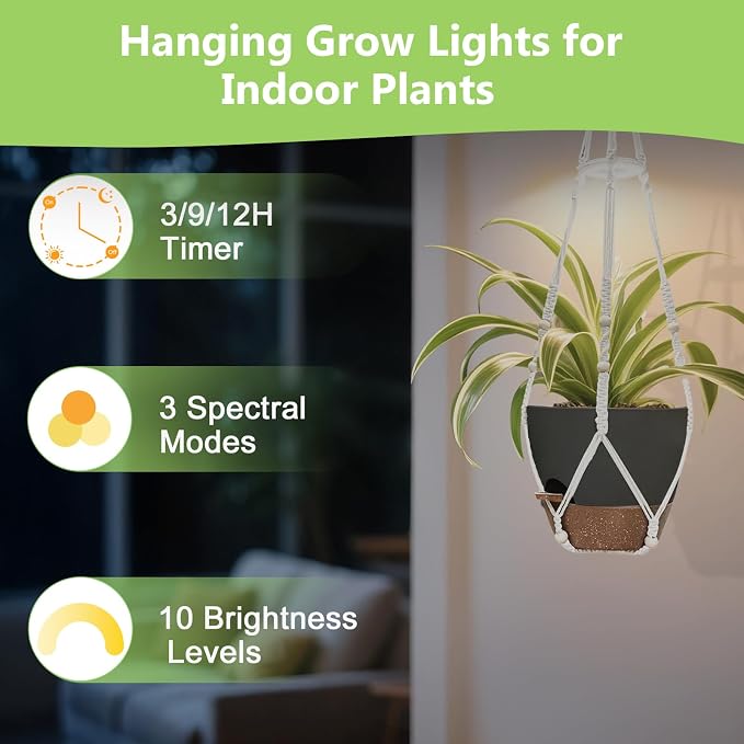 2 Pack Self Watering Hanging Planters with Grow Light for Indoor Plants | 10 Brightness, 3 Light Modes, 3/9/12H Timer, Built-In Reservoir, Drainage Holes, 10 in Pots