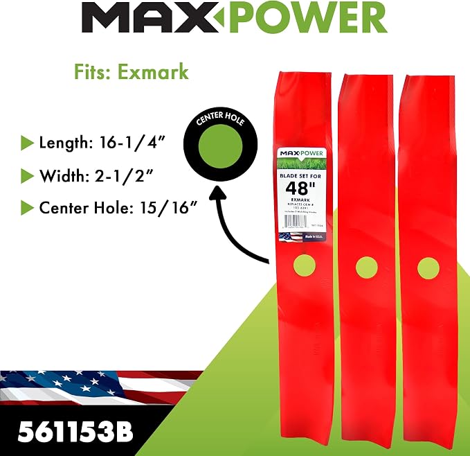 MaxPower 561153B USA Made 3 Blade Mulching Set | For Many 48" Cut Exmark Mowers Replaces OEM #'s 103-6391, 103-6391-S, Windsor 50-1936