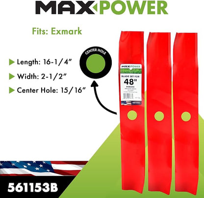 MaxPower 561153B USA Made 3 Blade Mulching Set | For Many 48" Cut Exmark Mowers Replaces OEM #'s 103-6391, 103-6391-S, Windsor 50-1936