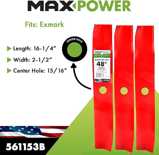 MaxPower 561153B USA Made 3 Blade Mulching Set | For Many 48" Cut Exmark Mowers Replaces OEM #'s 103-6391, 103-6391-S, Windsor 50-1936