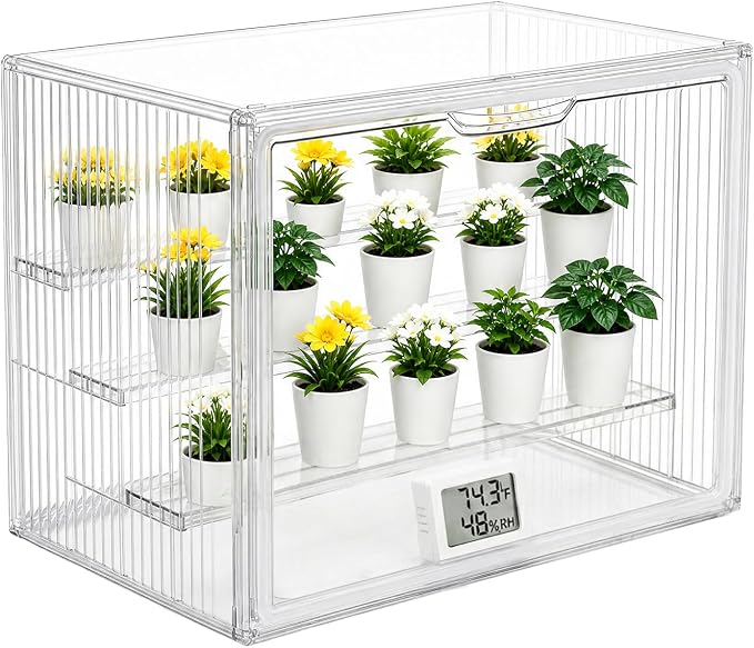 Clear Mini Greenhouse Indoor, Small Portable Tabletop Greenhouse with Indoor Greenhouse Door Thermometer and Hygrometer for Seed Starting, Plant Cabinet Grow Warmer and Home Gardening Display