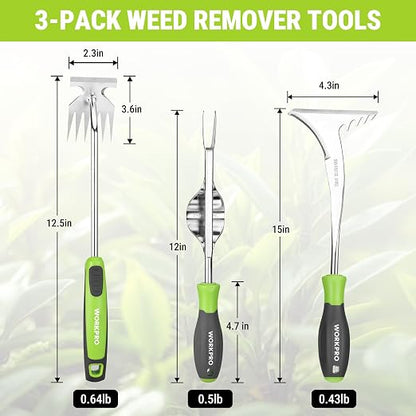 WORKPRO 3-Piece Weed Puller Tool Set | 15" 6-Tine Weed Remover, 12" Hand Weeder, 12.5" Crack Weeder, Stainless Steel with Ergonomic Handle for Lawn, Garden, Yard
