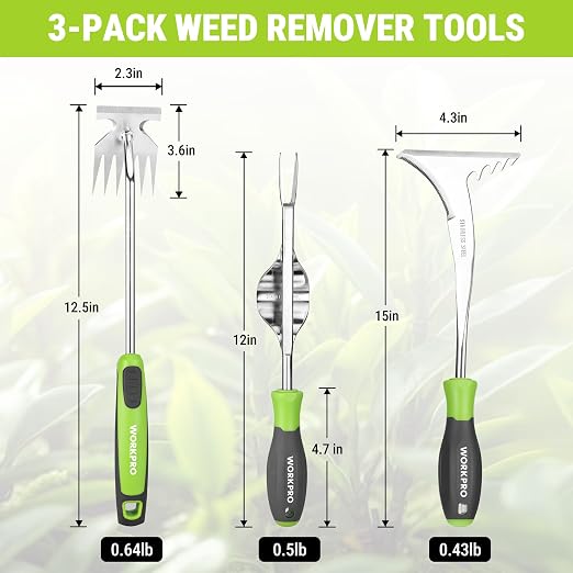 WORKPRO 3-Piece Weed Puller Tool Set | 15" 6-Tine Weed Remover, 12" Hand Weeder, 12.5" Crack Weeder, Stainless Steel with Ergonomic Handle for Lawn, Garden, Yard