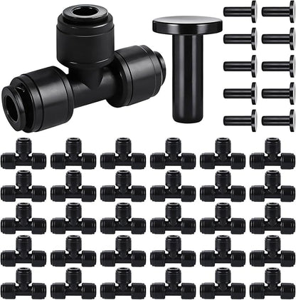 30 Pcs Quick Connect 1/4" Drip Irrigation Tee Fittings, Push-to-Connect Drip Irrigation Tee Connectors for 1/4 Inch Irrigation Tubing with 10Pcs End Plugs,Hose Connectors for Garden Irrigation System