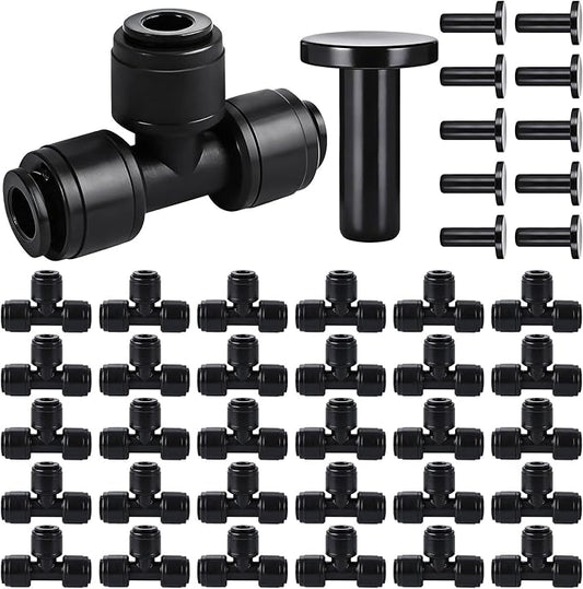 30 Pcs Quick Connect 1/4" Drip Irrigation Tee Fittings, Push-to-Connect Drip Irrigation Tee Connectors for 1/4 Inch Irrigation Tubing with 10Pcs End Plugs,Hose Connectors for Garden Irrigation System