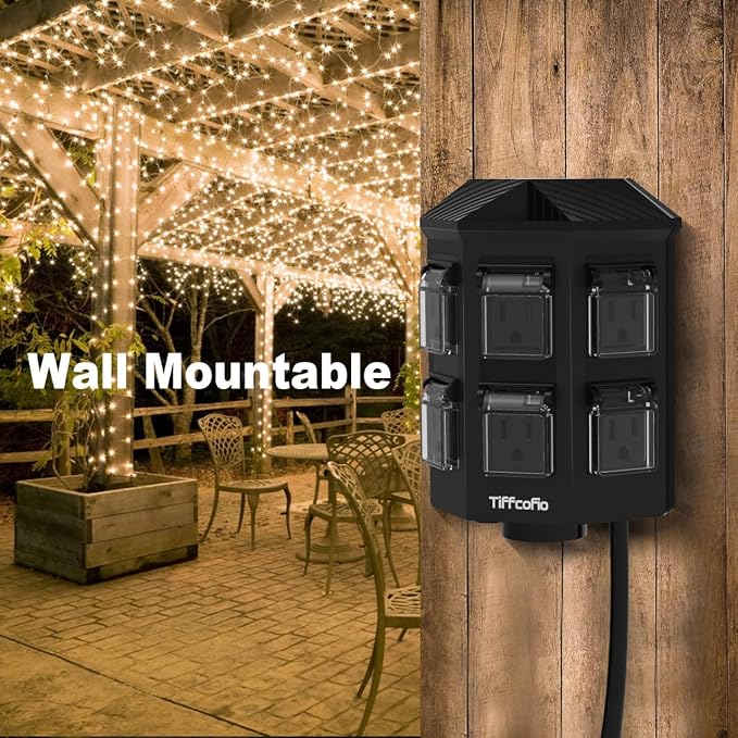 TiFFCOFiO Outdoor Power Strip Waterproof, 24 Hour Mechanical Timer, 100 FT Extension Cord, 6 Grounded Outlets for Outdoor Lights, ETL Listed (100 FT)