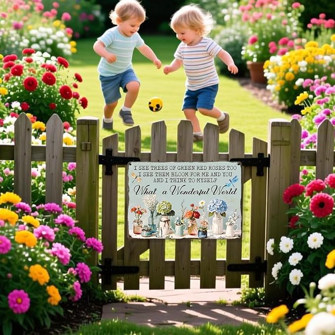 Flower Garden Metal Tin,What A Wonderful World I See Trees Sign | Vintage Wall Art for Outside Garden Porch Palio Yard Home Fence Greenhouse Indoor Outdoor Wall Decor