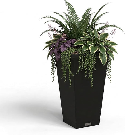 Mayne Renew 24 Inch Planter, Weather Resistant Outdoor Tall Planter with Smart Drainage Planting Insert and Drip Tray, Tapered Modern Flower Planter for Patio Garden or Entryway Decor