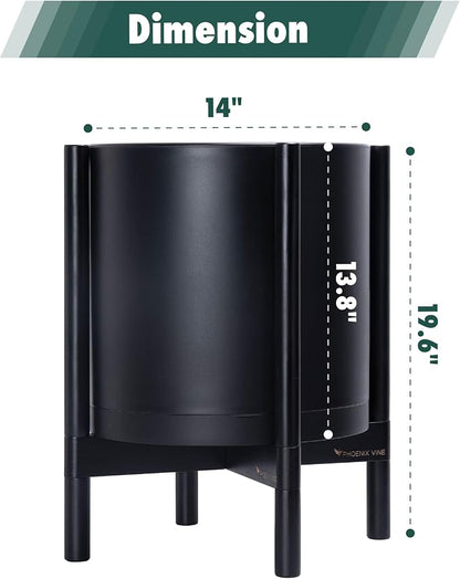 D'vine Dev Plastic Pot with Ebony Wood Stand, Black, 14 in, 55-C-T-2 | Mid-Century Inspired Design, Elevated Plant Display, Clean Lines, Sturdy Support, Modern Space-Saving Style