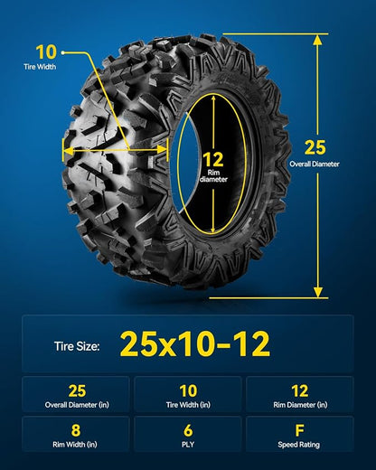 PHILTOP 25x10-12 ATV UTV Tires, 6-Ply Super Mud 25x10-12 ATV All-Terrain Tires for Riding Mowers, Golf Carts, Off-Road,2 Pcs,Tubeless (Z-199-1)