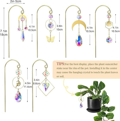 6pcs Crystal Suncatchers with Gold Small Trellis for Mini Potted Plants | Indoor Plant Accessories,7'' Garden Stakes Sun Catchers For Home Whimsical Decor,Christmas Gift for Gardening Enthusiasts