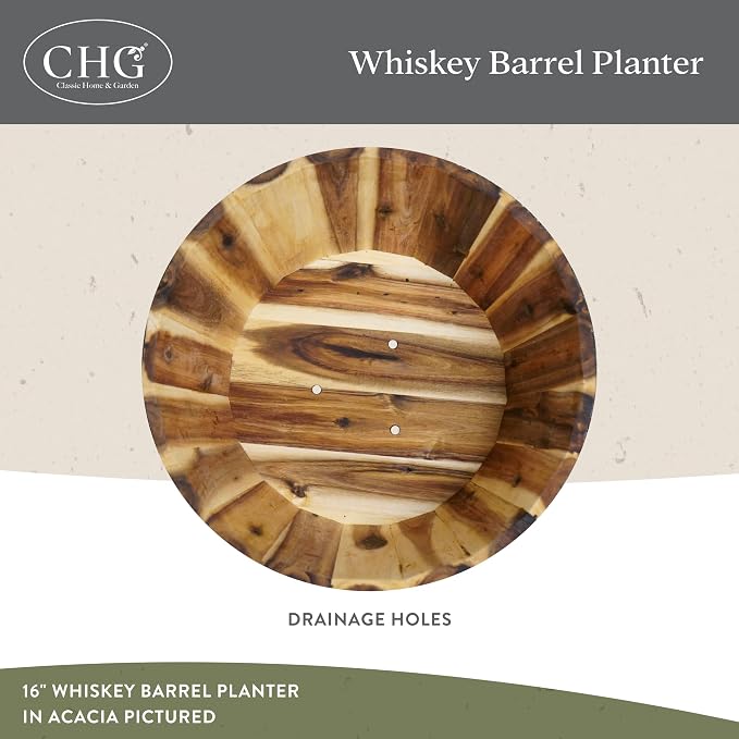 16" Whiskey Barrel Planter, Acacia | Stylish Flower Plant Pots, Indoor & Outdoor Planter, Weather-Resistant, Great for Patio, Home & Garden Decor Accent