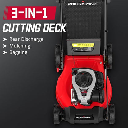 PowerSmart Gas Lawn Mower 21-Inch with 140cc Briggs&Stratton E550 Engine, 3-in-1 with Bagging, High Wheels, Lightweight, Easy Assembly, Cordless Push Lawn Mowers for Garden Yard