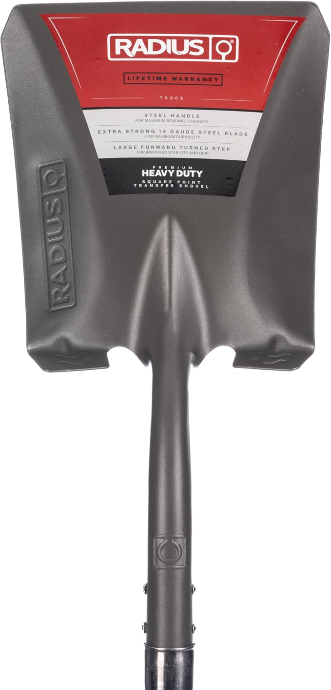 Radius Premium 41-Inch D-Handle Square Point Shovel, Heavy Duty Steel Shaft, Flat Head Transfer Shovel for Landscaping & Yard Work