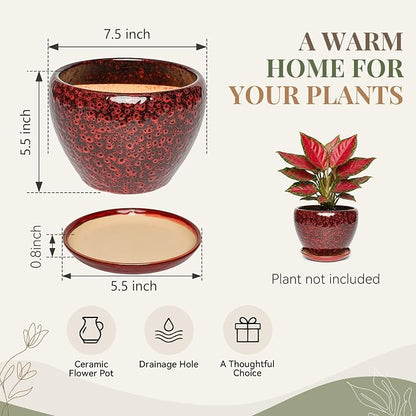 7.5 Inch Ceramic Plant Pot with Drainage Hole Mesh Net,Modern Gardening Pots for Indoor Plants with Saucer, Speckle Red