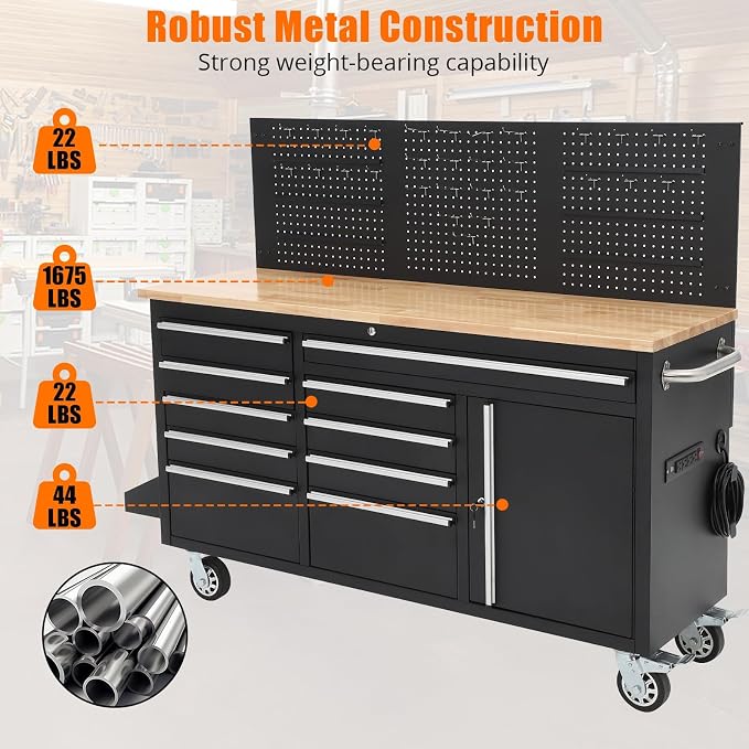 GarveeTech 61-Inch Heavy Duty Rolling Tool Chest with 10 Drawers and Solid Rubber Wood Top Mobile Workstation, 1675 LBS Load, Includes Power Strip, Locking System for Garage Warehouse Repair Shop
