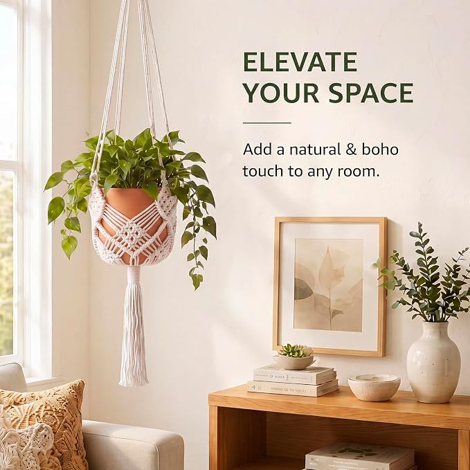 Shappy 1 Pack Boho Macrame Plant Hanger, Large Hanging Planter Plant Holder Pot Hanger Hanging Basket Wall Planters, Plants Lover Gift for Indoor Garden (Diamond Knot Macrame,White)