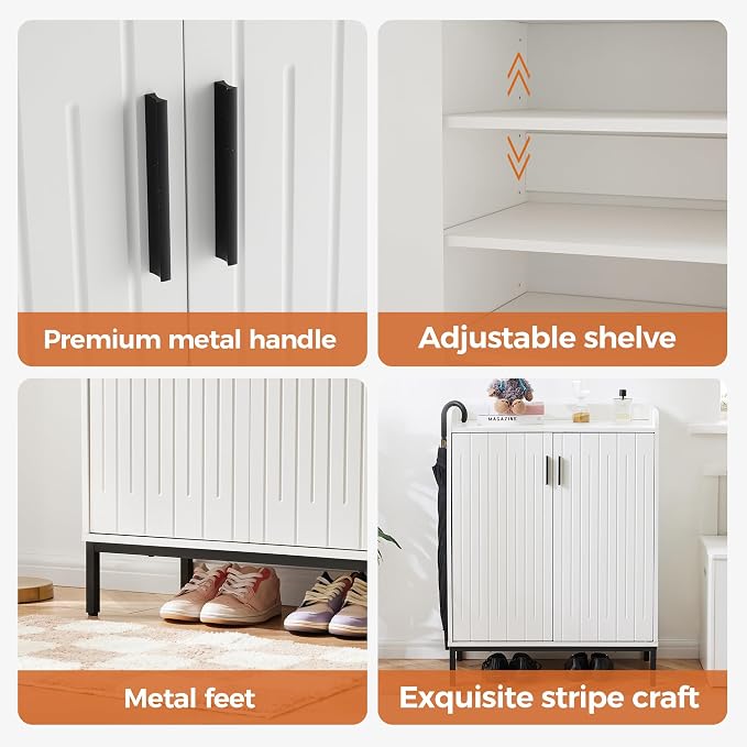 Mericonia Modern Shoe Cabinet with Metal Legs, Farmhouse Large 5-Tier Shoe Storage Cabinet with Doors, Wooden Shoe Organizer for Entryway, Hallway, Closet, Bedroom, Living Room, White