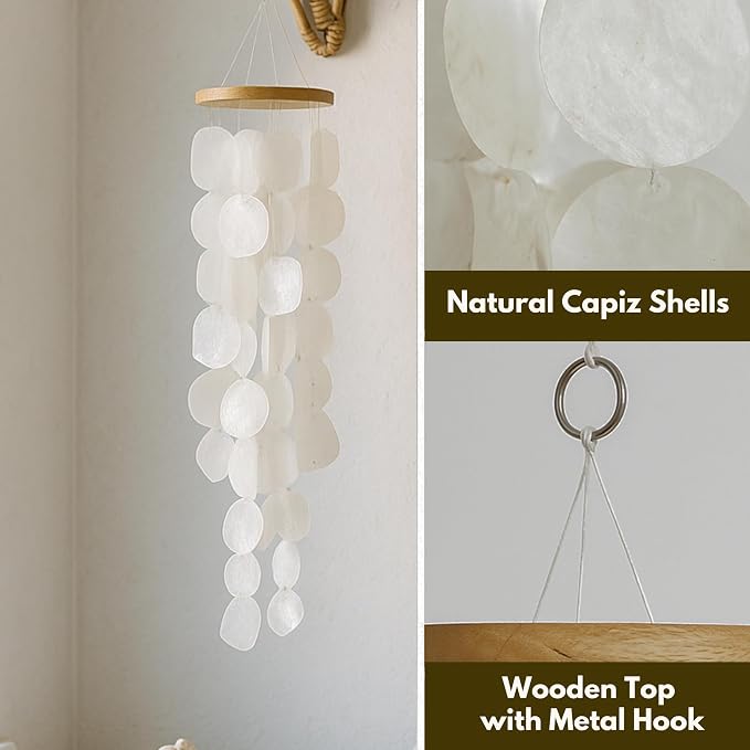 Solange & Frances Natural Capiz Shells Wind Chimes for Outside. Wind Chimes Indoor and Outdoor Decor. Unique Gift for Mom, Birthday Gifts for Women