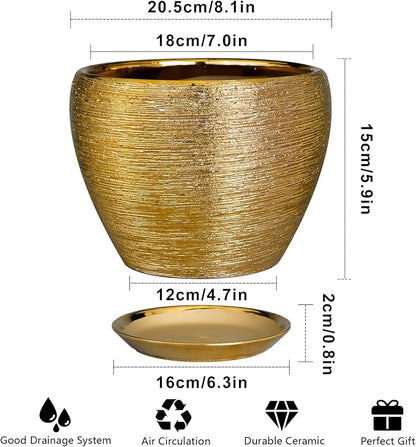 Ceramicfor Ceramic Plant Pot 8 Inch - Planter for Outdoor Plants Indoor Plant Pot with Drainage Hole and Saucer Decorative Round Planter Modern Flower Pot for House Decor Gold