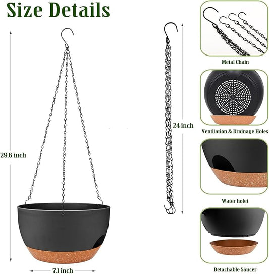 12 Inch Self Watering Hanging Planters with Removable Reservoir, 2 Pack | Drainage Holes, Metal Chain, for Indoor/Outdoor Plants, Patio,Balcony & Garden