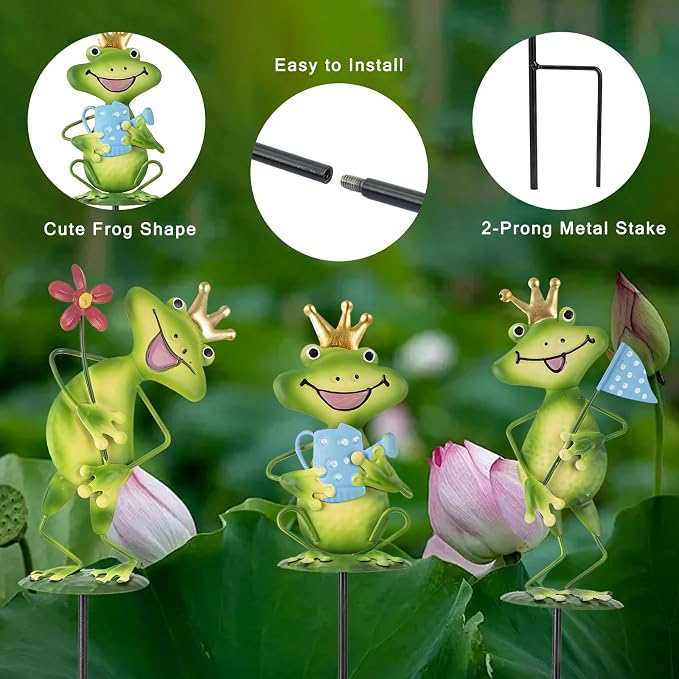 3 Pack Metal Garden Stakes, 21" Frog Garden Stakes for Spring Decor, Metal Yard Art for Outdoor & Outside Lawn Patio Pathway Decoration