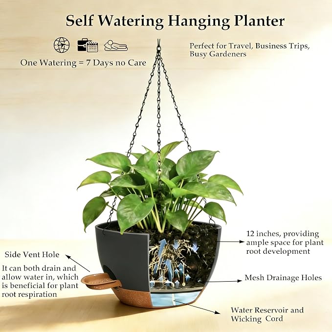 12 Inch Self Watering Hanging Planters 2 Pack, Black Brown | Plastic planters with drainage holes and saucers. Suitable for indoor, outdoor, kitchen, balcony and garden plant decor.