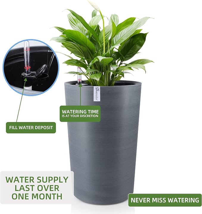 Dexceder 16x12 Self Watering Tall Planter (Gray, Wire Drawing) | High Cylinder, Thickened Large Floor Standing Flower Plant Pot with Water Level Indicator Indoor Outdoor
